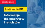 Kobieta i mężczyzna uśmiechnięci siedzą na kanapie. Mężczyzna na kolanach trzyma laptopa. Z lewej strony napis rozliczeni PIT. Informacja dla emerytów i rencistów. Lewy górny róg logo podatki.gov.pl