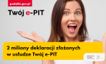 2 miliony deklaracji złożonych w usłudze Twój e-PIT. W lewym górnym roku podatki gov.pl, w prawym dolnym roku logo MF i KAS